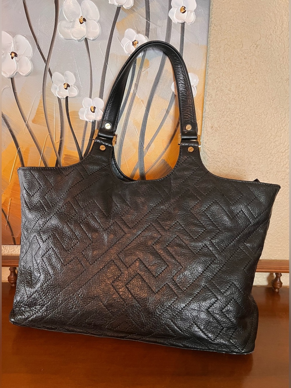 Tory Burch Black Bombe Leather Tote